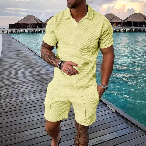 Men Summer Casual Polo Shirt And Shorts Suit Geometric Print Lapel Short Sleeve Two Piece Outfit Loungewear Vacation Sets