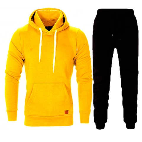 Men's Casual Hoodie Set Polyester Drawstring Kangaroo Pocket Solid Color Long Sleeve Sweatshirt Jogger Pants Athleisure Suit