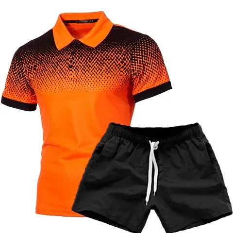Herren Freizeit Sport Outfit Farbverlauf 3D Druck Kurzarm Polo Shirt und Tunnelzug Shorts Sommer Outdoor Wear Fashion Kleidung