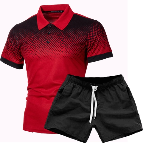 Herren Freizeit Sport Outfit Farbverlauf 3D Druck Kurzarm Polo Shirt und Tunnelzug Shorts Sommer Outdoor Wear Fashion Kleidung