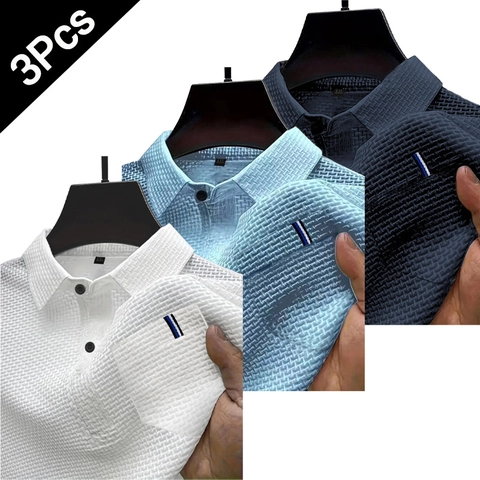 Herren Waffelstrick Polohemd Lässig Kurzarm Atmungsaktiv Sommer Top Mit Kontraststreifen Tasche Umlegekragen