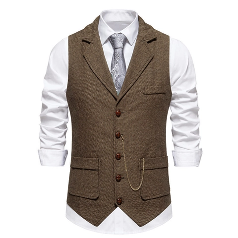 Gilet de Costume Rétro en Tweed à Chevrons pour Hommes Revers à Encoche Boutonnage Simple avec Chaîne Décorative