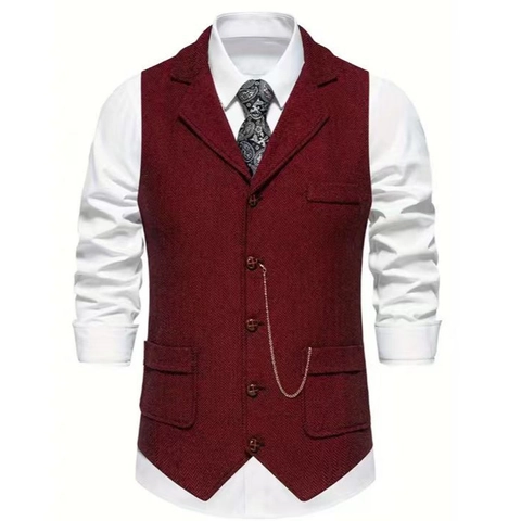Chaleco de Traje para Hombre Solapa de Muesca Tweed de Espiga Mezcla de Lana con Cadena de Metal Vintage Británico Formal