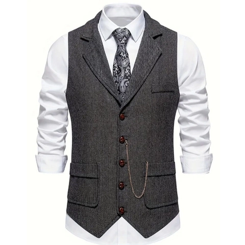 Chaleco de Traje para Hombre Solapa de Muesca Tweed de Espiga Mezcla de Lana con Cadena de Metal Vintage Británico Formal