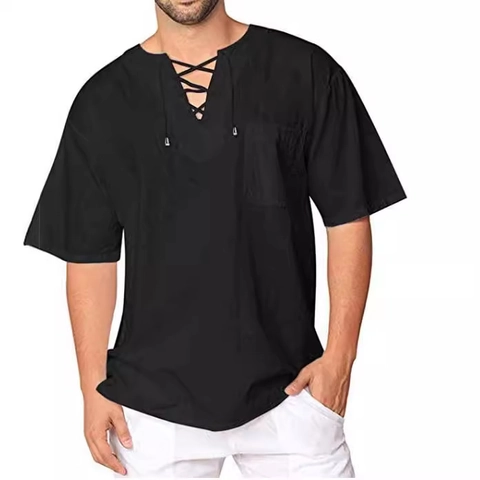 Chemise Rétro en Coton et Lin pour Hommes Décontractée Manches Courtes Col en V à Lacets Haut Ample Respirant Chemise d'Été avec Poche