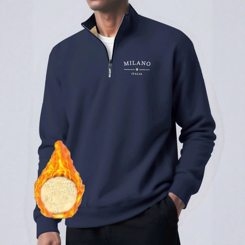 Sweatshirt d'Hiver Doublé Polaire pour Hommes avec Fermeture Éclair Laine d'Agneau Pull Chaud Épais Col Montant Couleur Unie