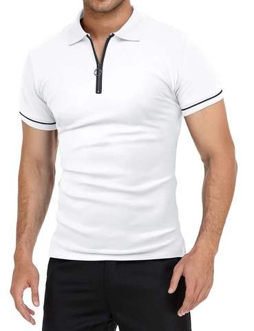 Herren Slim Fit Kurzarm Polo Shirt Reißverschluss Kragen Einfarbig Casual Sommer Top Mit Kontraststreifen Ärmeln Atmungsaktiv