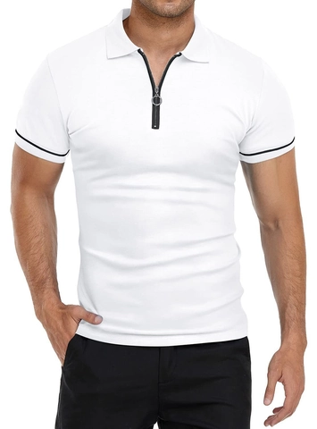 Herren Slim Fit Kurzarm Polo Shirt Reißverschluss Kragen Einfarbig Casual Sommer Top Mit Kontraststreifen Ärmeln Atmungsaktiv