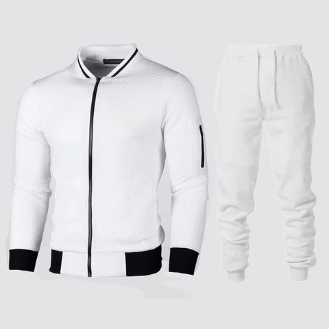 Men's Stand Collar Zipper Tracksuit Outfit Quilted Rhombus Texture Sporty Casual Jacket And Pants Fashion Sportswear