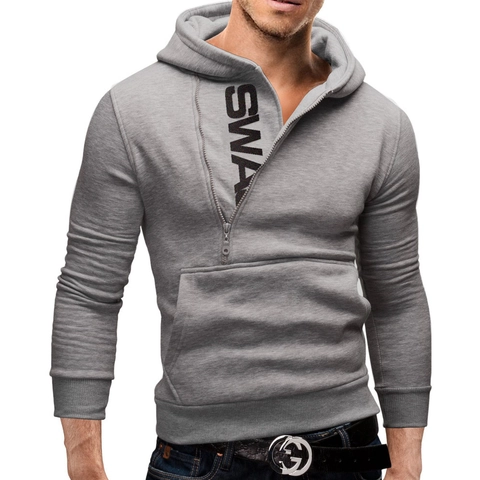Herren Streetwear Hoodie Asymmetrischer Diagonal Reißverschluss Sweatshirt Kapuzenoberteil Mit Kängurutasche Einfarbig Baumwollmischung