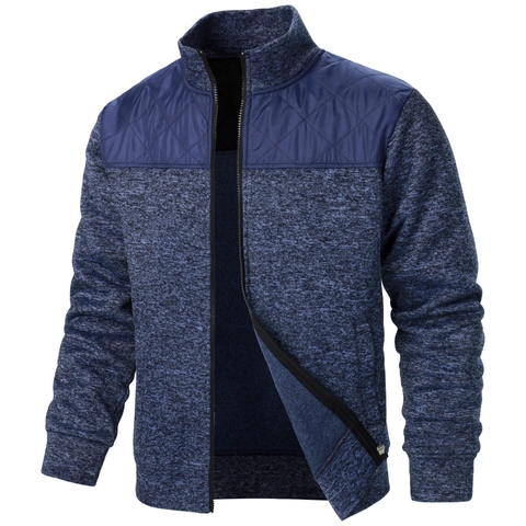 Herren Casual Stehkragen Strickjacke Mit Gestepptem Schulter-Patchwork Full Zip Rippbündchen Warmer Herbst Winter Mantel