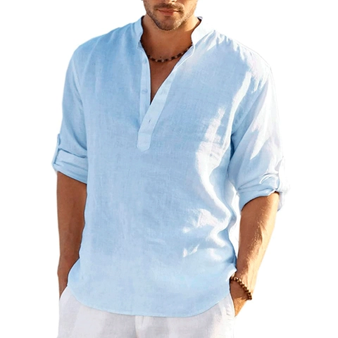 Men's Casual Long Sleeve Cotton Linen Shirt Stand Collar Loose Fit Solid Color Breathable Fashion Top