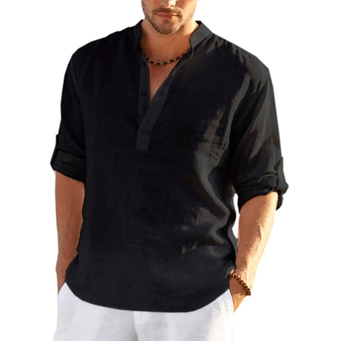 Men's Casual Long Sleeve Cotton Linen Shirt Stand Collar Loose Fit Solid Color Breathable Fashion Top