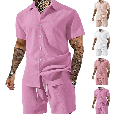 Mens Estate Casual Camicia E Pantaloncini Outfits Tinta Unita Strutturato Manica Corta Revers Bottone Camicia E Coulisse Pantaloncini Per Vacanza
