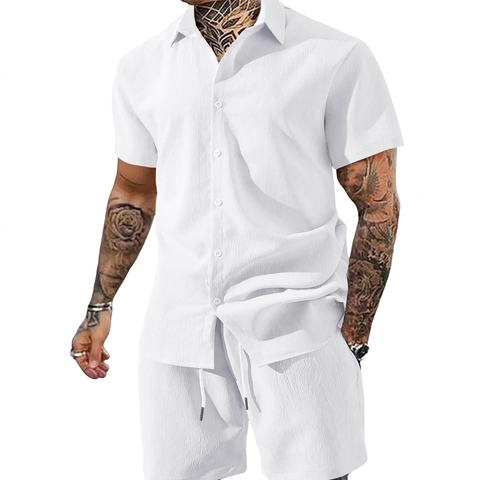 Mens Estate Casual Camicia E Pantaloncini Outfits Tinta Unita Strutturato Manica Corta Revers Bottone Camicia E Coulisse Pantaloncini Per Vacanza