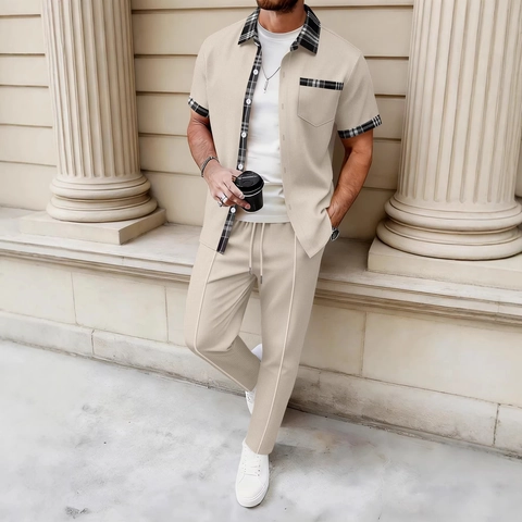 Herren Casual Waffelstrick Outfits Karomuster Patchwork Kurzarm Hemd Und Kordelzug Lange Hose Mode Streetwear