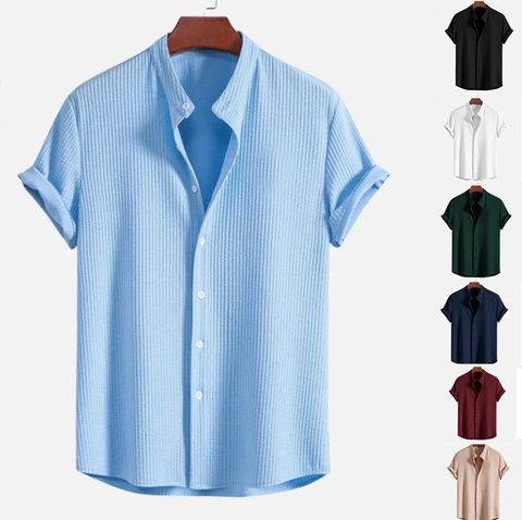 Camicia da Uomo Casual a Maniche Corte Con Collo alla Coreana Tessuto Seersucker Tinta Unita Vestibilità Ampia Misto Acetato