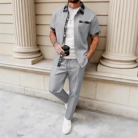 Herren Casual Waffelstrick Outfits Karomuster Patchwork Kurzarm Hemd Und Kordelzug Lange Hose Mode Streetwear