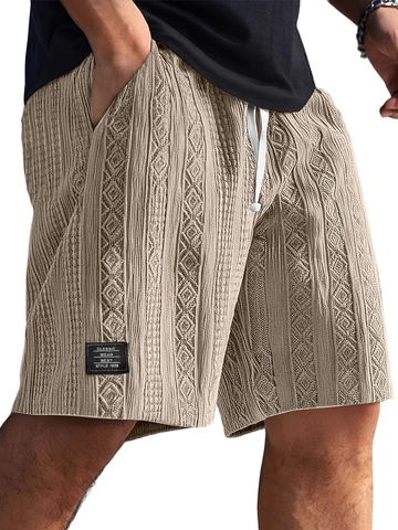 Men Casual Jacquard Knit Shorts With Elastic Waist Drawstring Textured Fabric Classic Wear Label Comfortable Summer Beach Fashion Bottoms