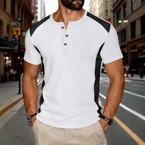 Herren Casual Waffel Henley T-Shirt Farbblock Patchwork Kurzarm Atmungsaktives Polyester Oberteil Für Urbanen Alltag