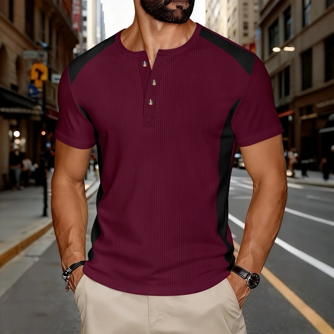 Herren Casual Waffel Henley T-Shirt Farbblock Patchwork Kurzarm Atmungsaktives Polyester Oberteil Für Urbanen Alltag