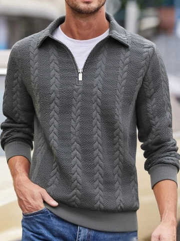 Felpa da Uomo con Mezza Zip Colletto a Revers Manica Lunga Trama a Trecce Casual Top alla Moda Tinta Unita