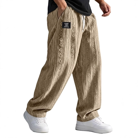 Men Casual Loose Straight Leg Pants Drawstring Waist Jacquard Texture Trousers For Spring Summer Sporty Streetwear Style