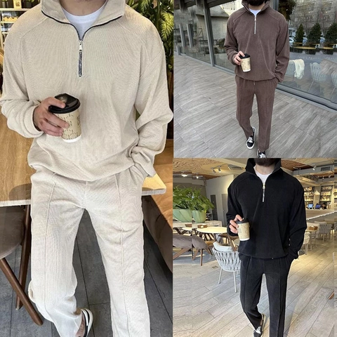 Men's Corduroy Tracksuit Fleece Lined Half Zip Stand Collar Sweatshirt And Pants Casual Solid Color Top And Bottom Set