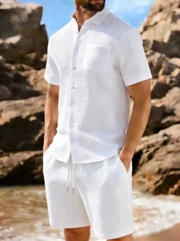 Men Casual Waffle Texture Top And Bottom Short Sleeve Button Down Shirt And Drawstring Shorts Sporty Summer Solid Color Youth Clothing