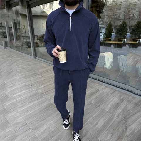 Men's Corduroy Tracksuit Fleece Lined Half Zip Stand Collar Sweatshirt And Pants Casual Solid Color Top And Bottom Set