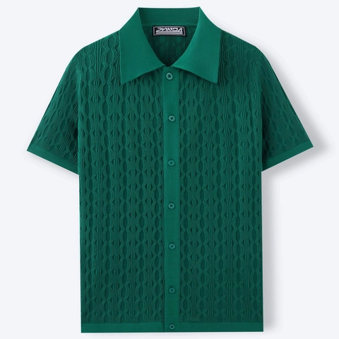 Men's Summer Knit Polo Shirt Viscose Polyester Wave Jacquard Textured Button Up Lapel Collar Short Sleeve Top Business Casual