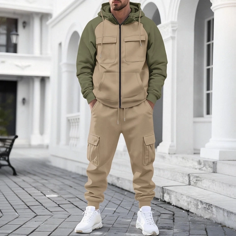 Men Heavyweight Fleece Hooded Jacket And Multi Pocket Cargo Pants Casual Sporty Color Block Winter Two Parts Suits