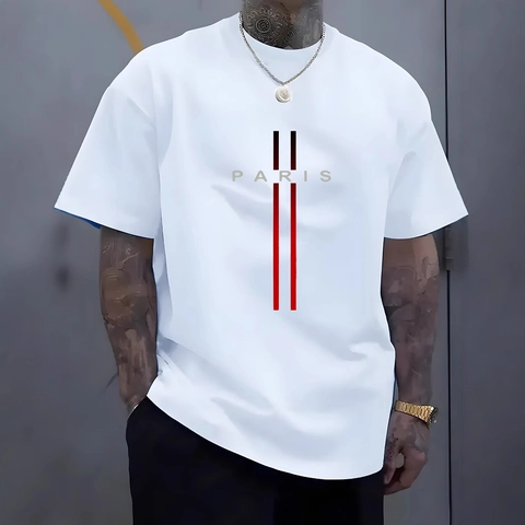 Herren Oversize T-Shirt Polyester Acetat Mischung Paris Buchstaben Druck Rundhals Kurzarm Casual Streetwear Lockeres Top
