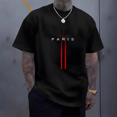 Herren Oversize T-Shirt Polyester Acetat Mischung Paris Buchstaben Druck Rundhals Kurzarm Casual Streetwear Lockeres Top