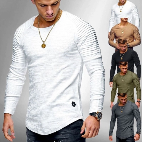 Maglietta da Uomo Fashion Slim Fit a Manica Lunga Con Design a Pliche Sulle Spalle Girocollo Orlo Curvo Casual Tinta Unita in Poliestere