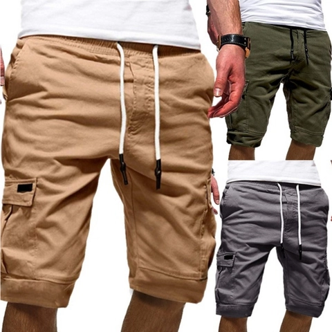 Men's Casual Cargo Bottoms Cotton Multi-Pocket Drawstring Elastic Waist Summer Streetwear Loose Fit Knee Length Style