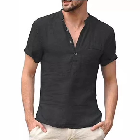 Camisa Henley de Algodón y Lino para Hombre Verano Manga Corta Cuello Alto Botones Casual Color Sólido Top Con Bolsillo