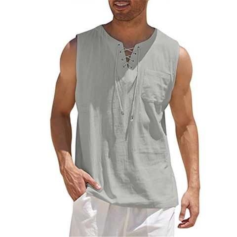 Chemise Décontractée en Lin de Coton pour Hommes Sans Manches Col en V à Lacets Débardeur Rétro Couleur Unie Gilet de Plage Été