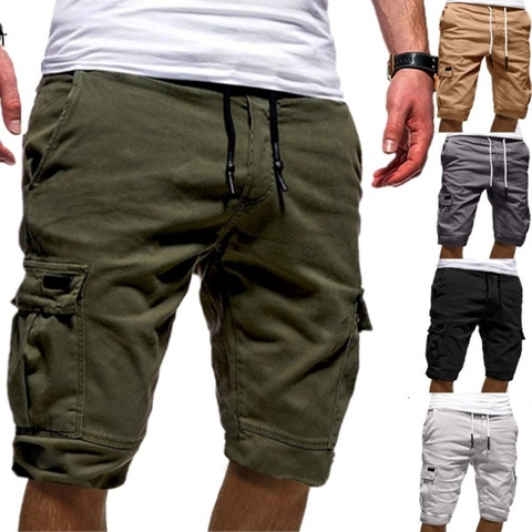 Men's Casual Cargo Bottoms Cotton Multi-Pocket Drawstring Elastic Waist Summer Streetwear Loose Fit Knee Length Style