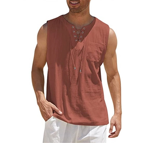 Chaleco Sin Mangas de Mezcla de Algodón Informal para Hombre Verano Transpirable Cuello en V con Cordones Camiseta de Tirantes con Bolsillo en el Pecho Color Sólido Vacaciones Playa