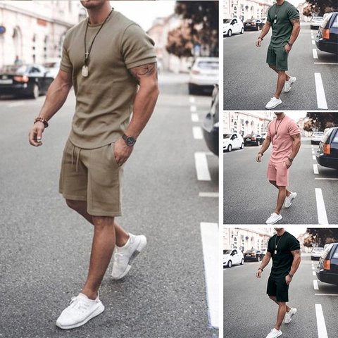 Men's Summer Sports Casual Outfits Polyester Blend Breathable Short Sleeve T-Shirt And Drawstring Shorts Solid Color Tracksuits For Men