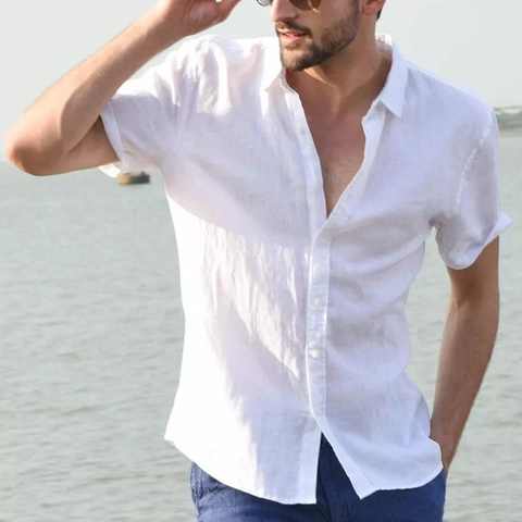 Men Short Sleeve Shirt Cotton Linen Button Down Summer Casual Beach Top Solid Color Breathable Comfortable Lightweight Fashion Lapel