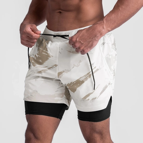 Men 2 In 1 Sports Shorts Breathable Quick Dry Running Shorts With Phone Pocket Camouflage Double Layer Training Shorts
