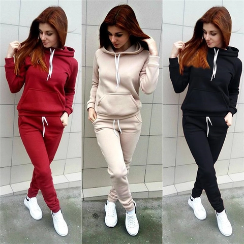 Women Casual Fleece Tracksuit Set Long Sleeve Hooded Sweatshirt And Jogger Pants Solid Color Sporty Two Piece Outfits For Loungewear