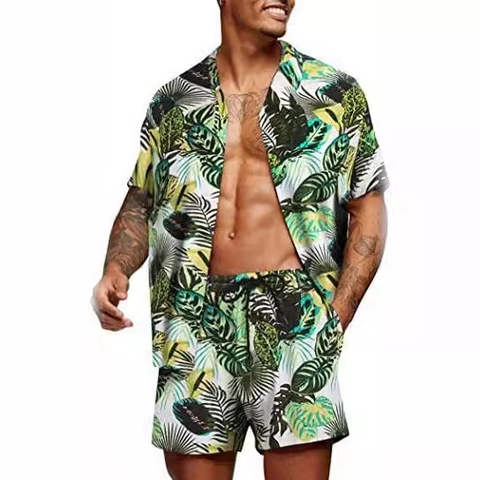 Men Hawaiian Shirt Set Short Sleeve Button Down Tropical Floral Print Beach Outfits Two Piece Summer Casual Vacation Suit