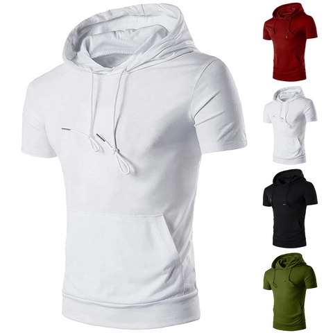 Camiseta con Capucha para Hombre Mezcla de Algodón Transpirable Casual Deportivo Top de Manga Corta Con Bolsillo de Canguro Cordón Color Sólido