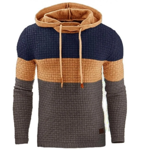 Men Color Block Hooded Sweatshirt Waffle Knit Long Sleeve Pullover Hoodie Sporty Casual Patchwork Top For Autumn Winter