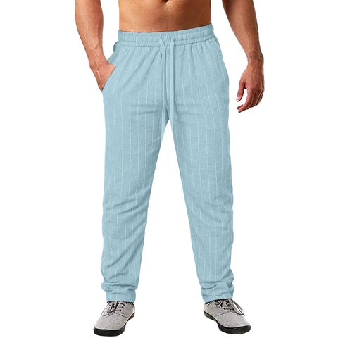 Men's Casual Pants Cotton Linen Vertical Striped Drawstring Elastic Waist Trousers Breathable Beach Summer Style