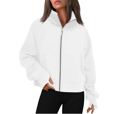 Women's Stand Collar Full Zip Fleece Lined Hoodie Sweatshirt With Thumbholes Casual Slim Long Sleeve Solid Color Pocket Jacket
