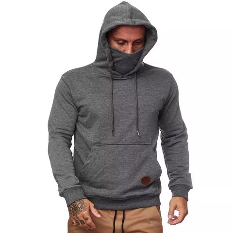 Felpa con Cappuccio Casual Tinta Unita Manica Lunga da Uomo con Maschera Facciale Integrata Tasca Top Sportivo per Autunno